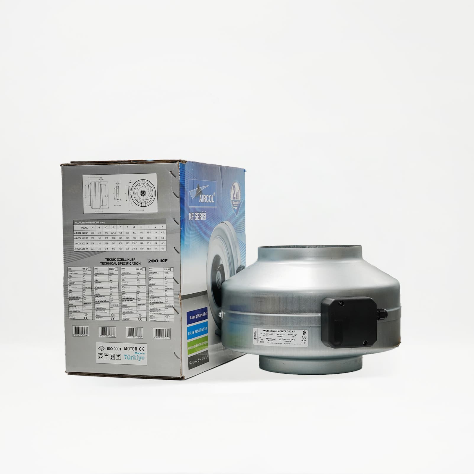 Ventilateur de gaine radial AIRCOL 200 KF en acier galvanisé avec sa boîte