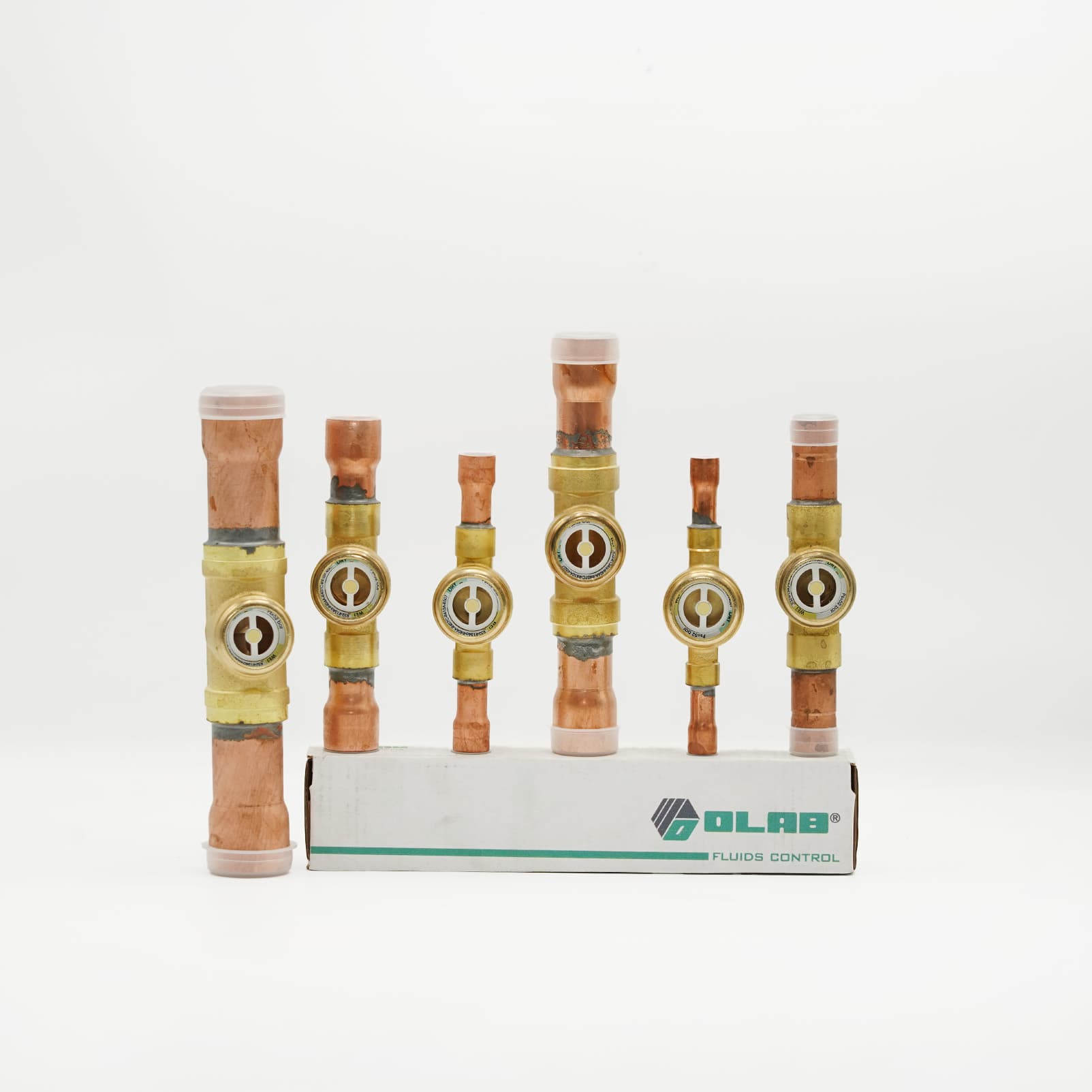 Voyants de liquide et d’humidité OLAB à braser pour circuit frigorifique — gamme Six voyants de liquide OLAB en laiton avec tubes cuivre à braser, de plusieurs diamètres