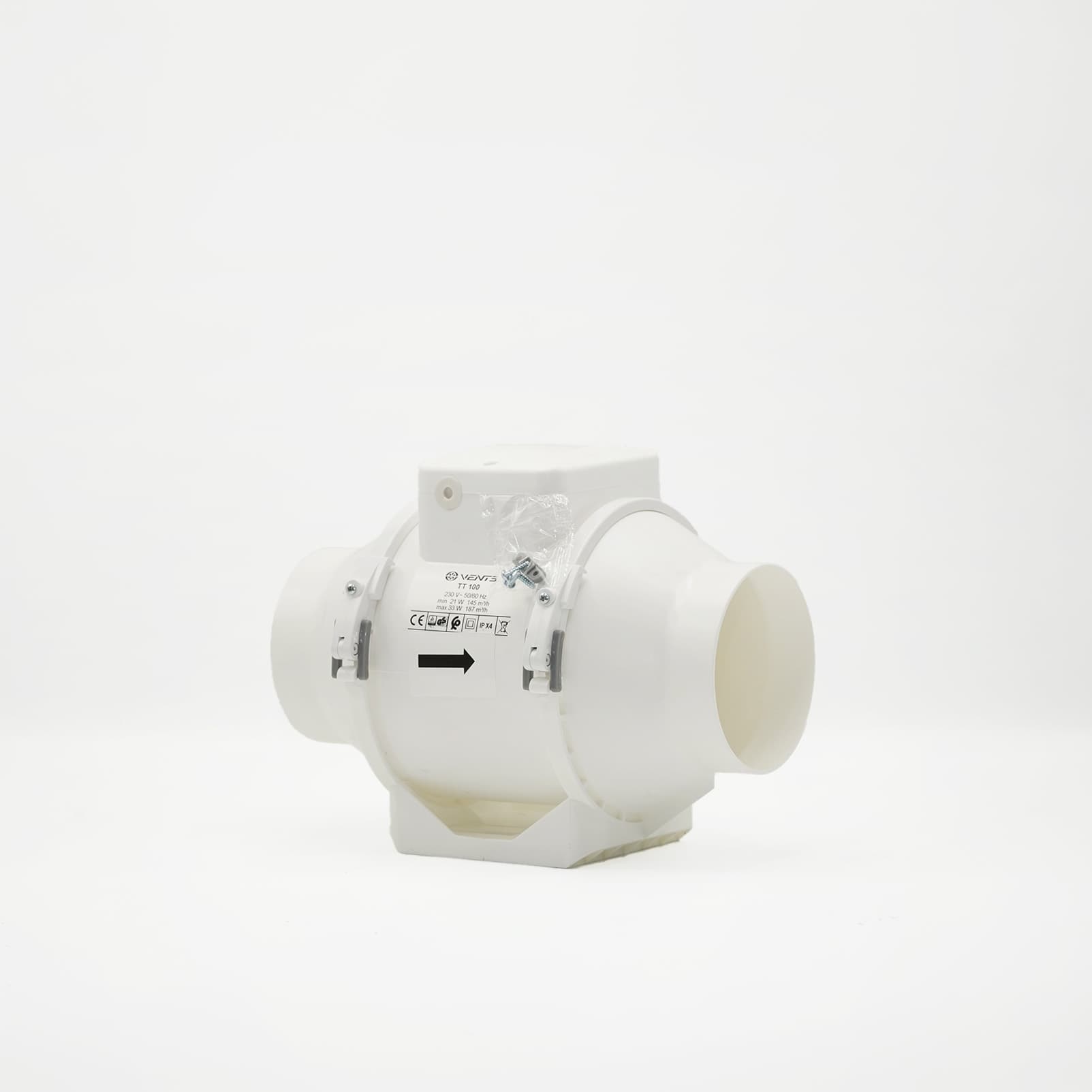 Ventilateur de gaine VENTS TT 100, 145 à 187 m³/h Ventilateur de gaine blanc VENTS TT 100 avec plaque et flèche de circulation
