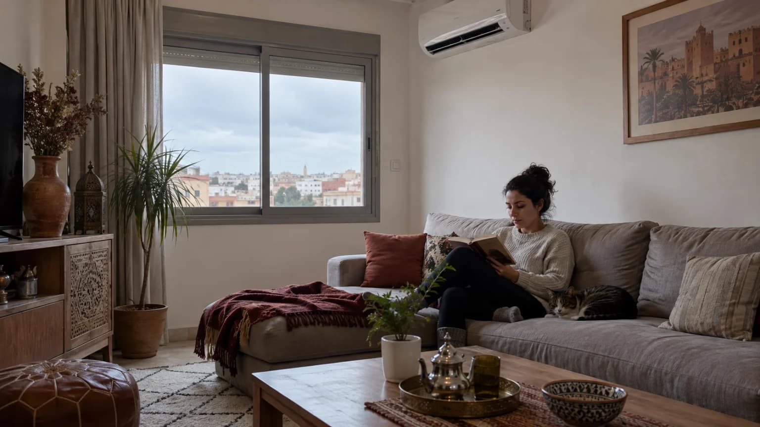 Salon avec climatiseur mural et une personne lisant sur un canapé