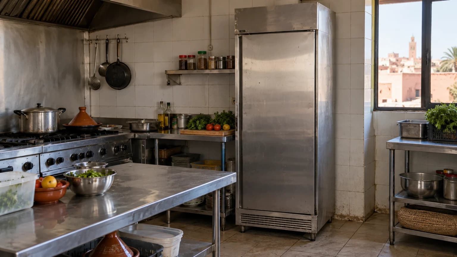 Armoire frigorifique en inox dans une petite cuisine professionnelle