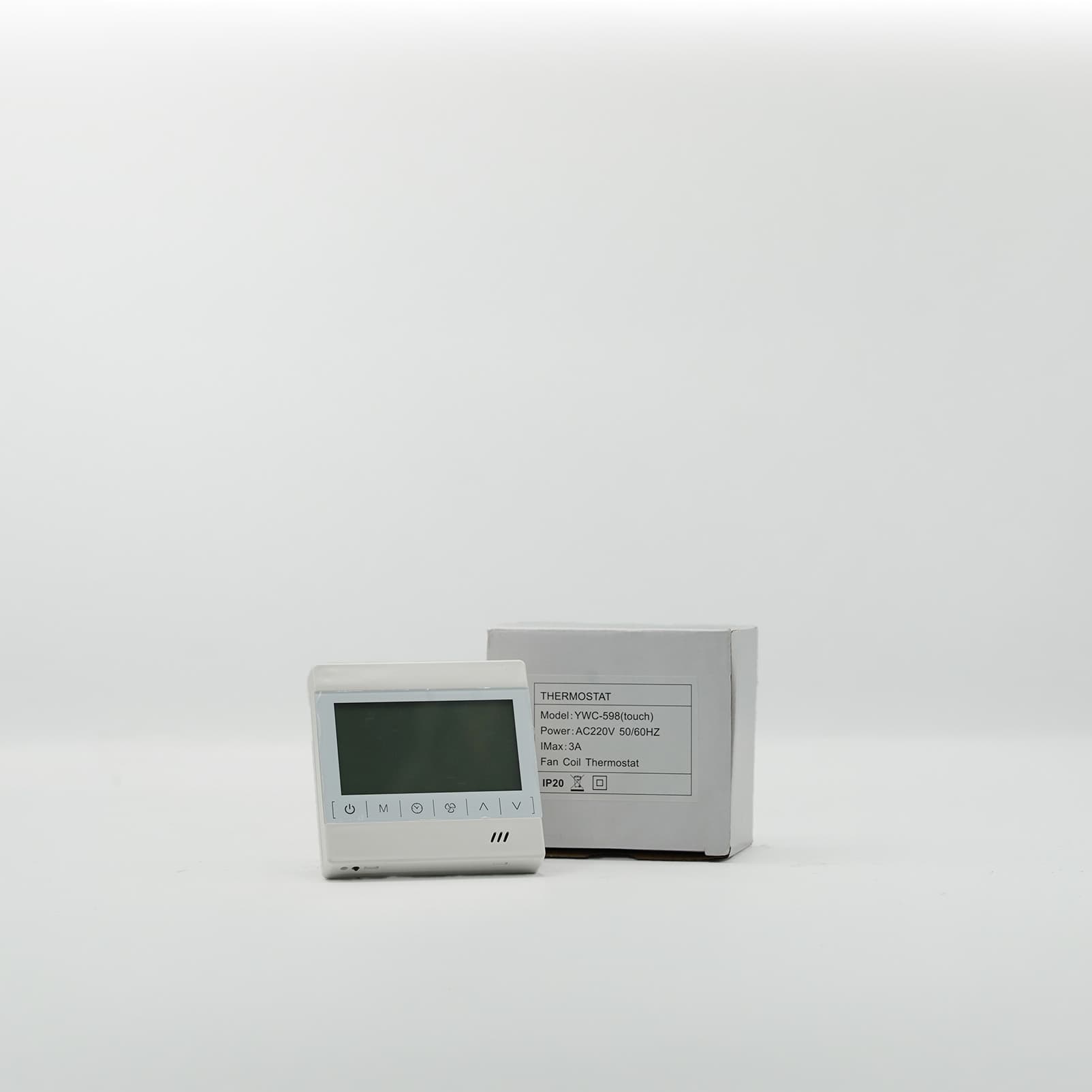 Thermostat tactile blanc YWC-598 pour ventilo-convecteur, vue de face et carton