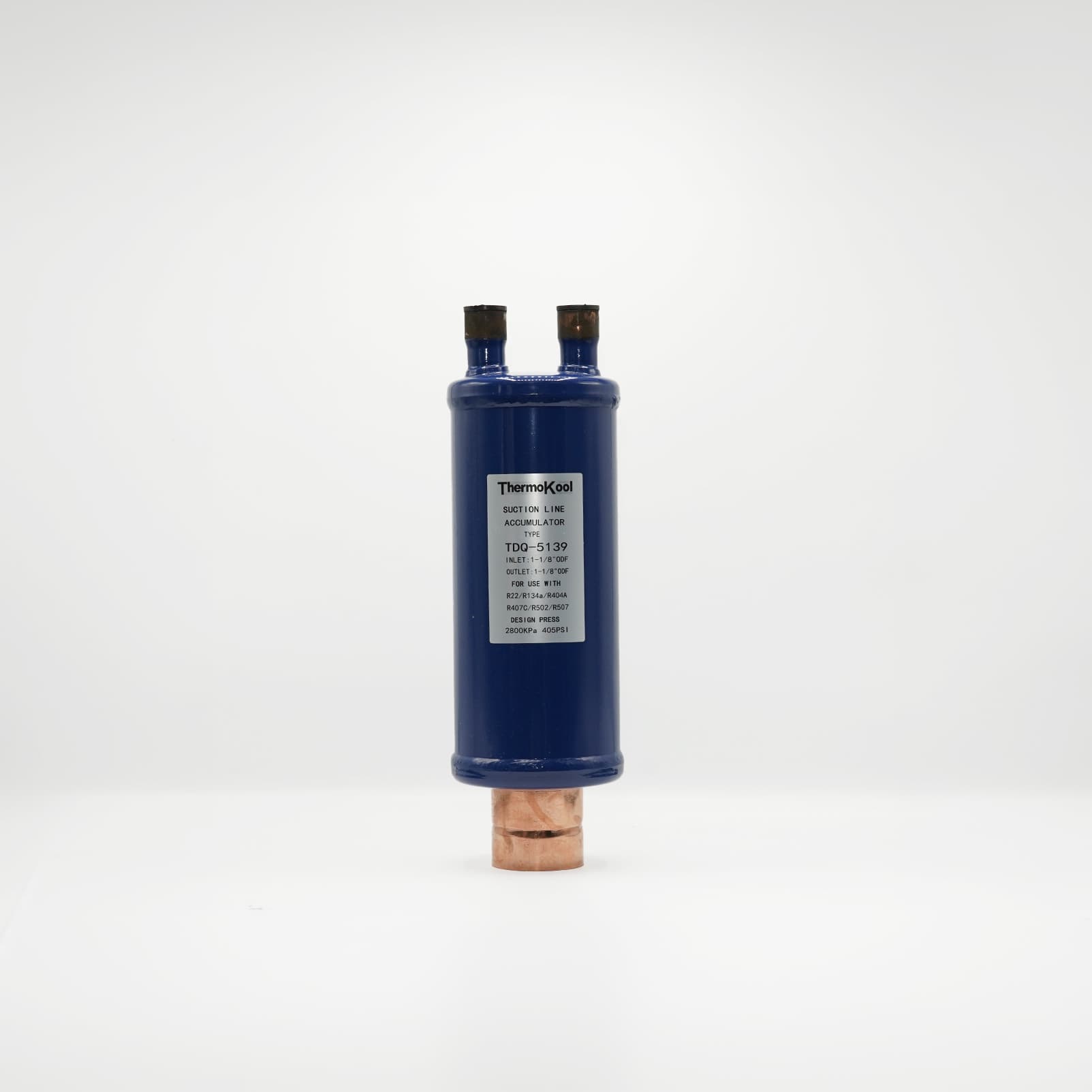 Bouteille anti-coup de liquide ThermoKool TDQ-5139 bleu, étiquette et raccords 1 1/8 ODF