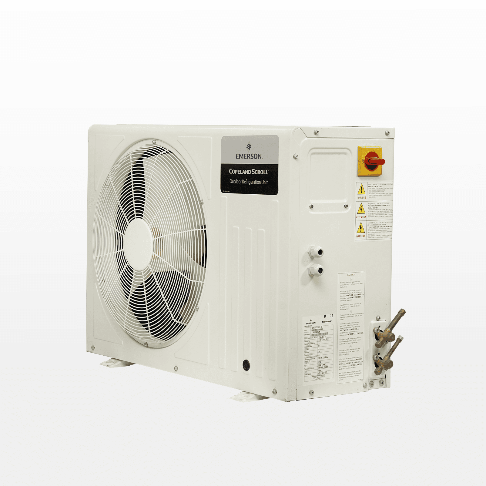 Groupe de condensation extérieur Emerson Copeland Scroll pour froid négatif Face avant du groupe extérieur Emerson Copeland Scroll avec ventilateur