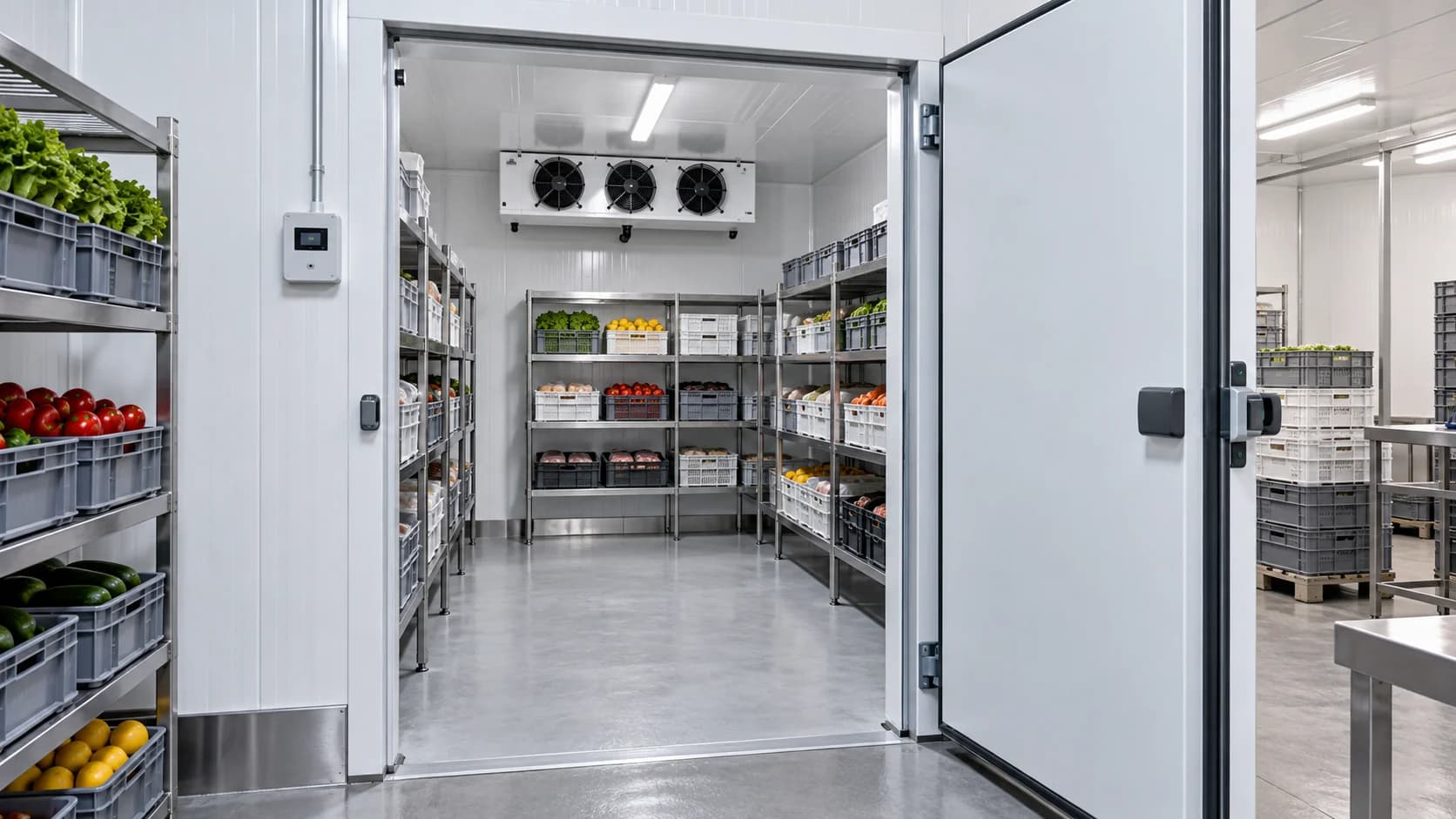 Chambre froide avec panneaux isolants, rayonnages et évaporateur
