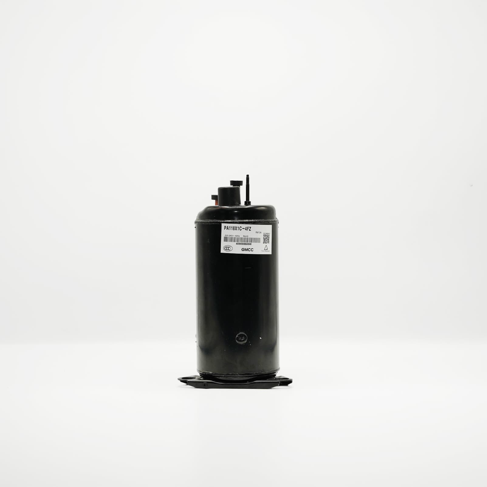 Compresseur rotatif GMCC PA118X1C-4FZ R410A noir avec plaque signalétique et raccords supérieurs