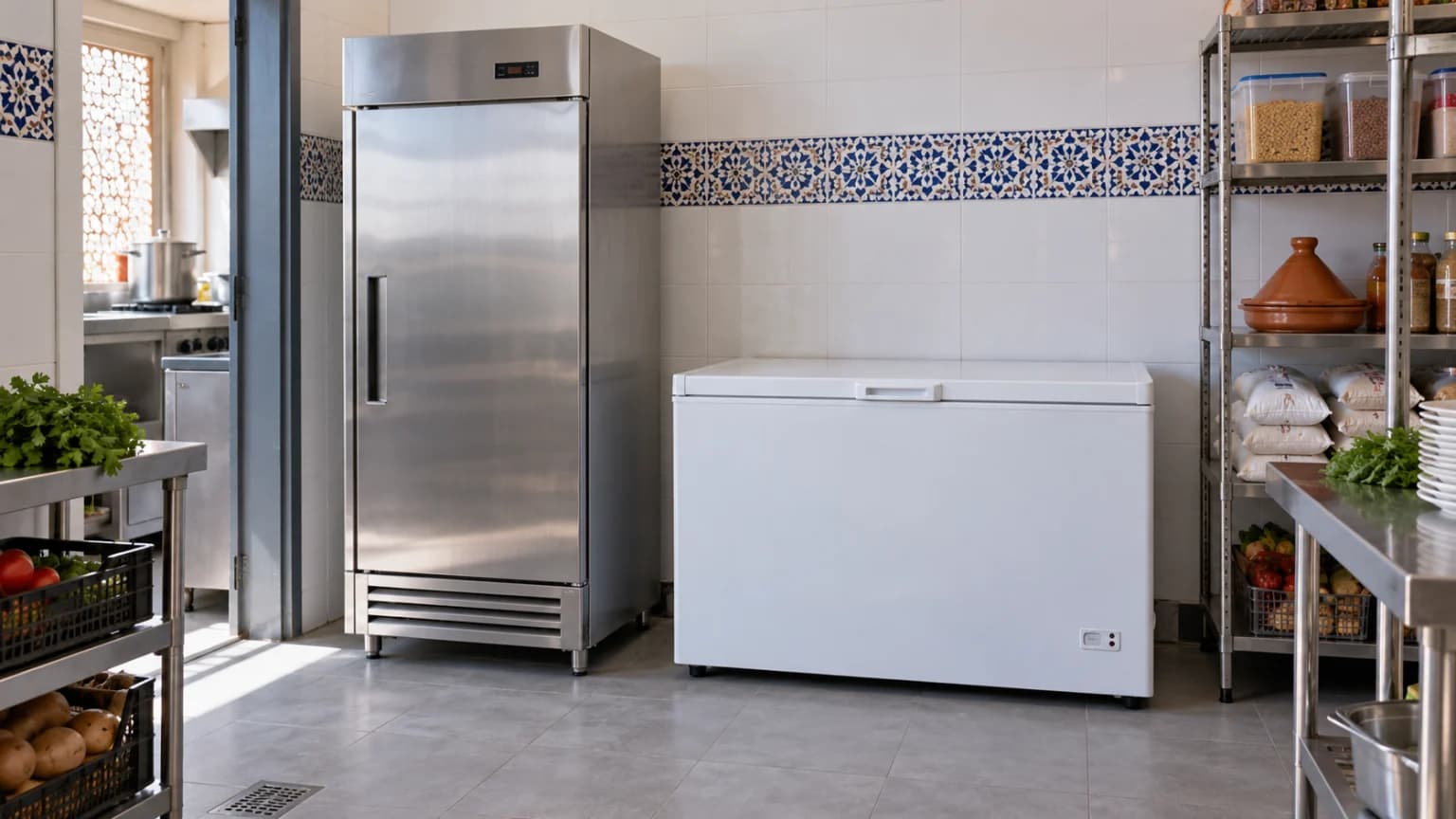 Congélateur armoire et congélateur coffre dans une réserve professionnelle