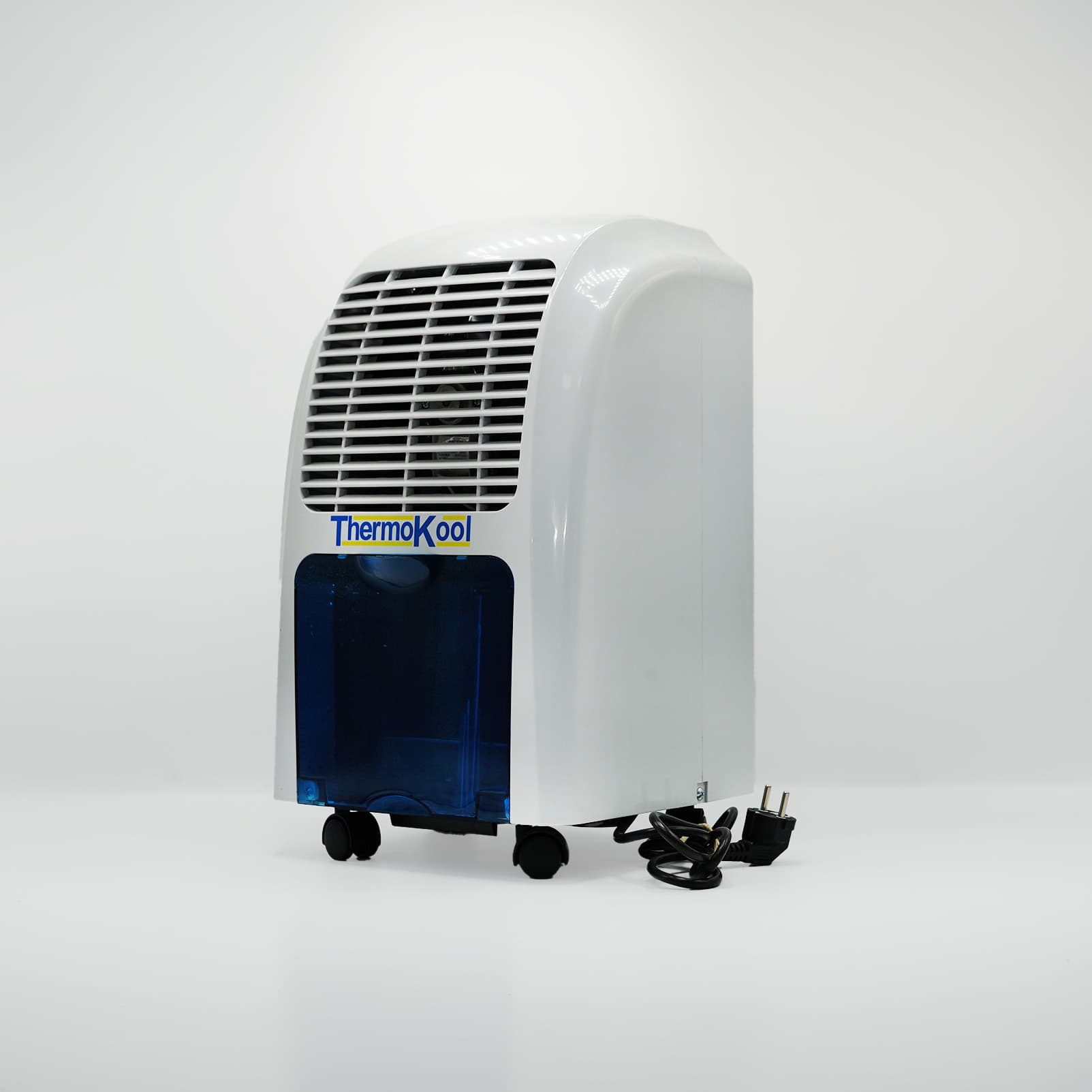 Déshumidificateur mobile ThermoKool 15 L par jour, vue avant avec réservoir et roulettes