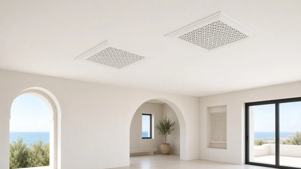Salon avec deux grilles de soufflage au plafond, sans climatiseur mural