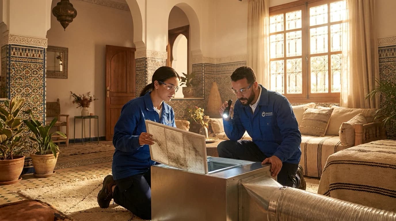 Maintenance des systèmes de ventilation avec des techniciens inspectant un système dans un appartement moderne au Maroc. — maintenance systèmes de ventilation