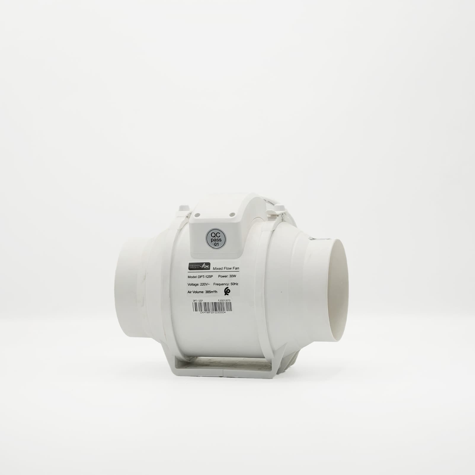 Ventilateur de gaine UNIT-Aire DPT-125P, 385 m³/h Ventilateur de gaine blanc UNIT-Aire DPT-125P et sa plaque de 385 m³/h