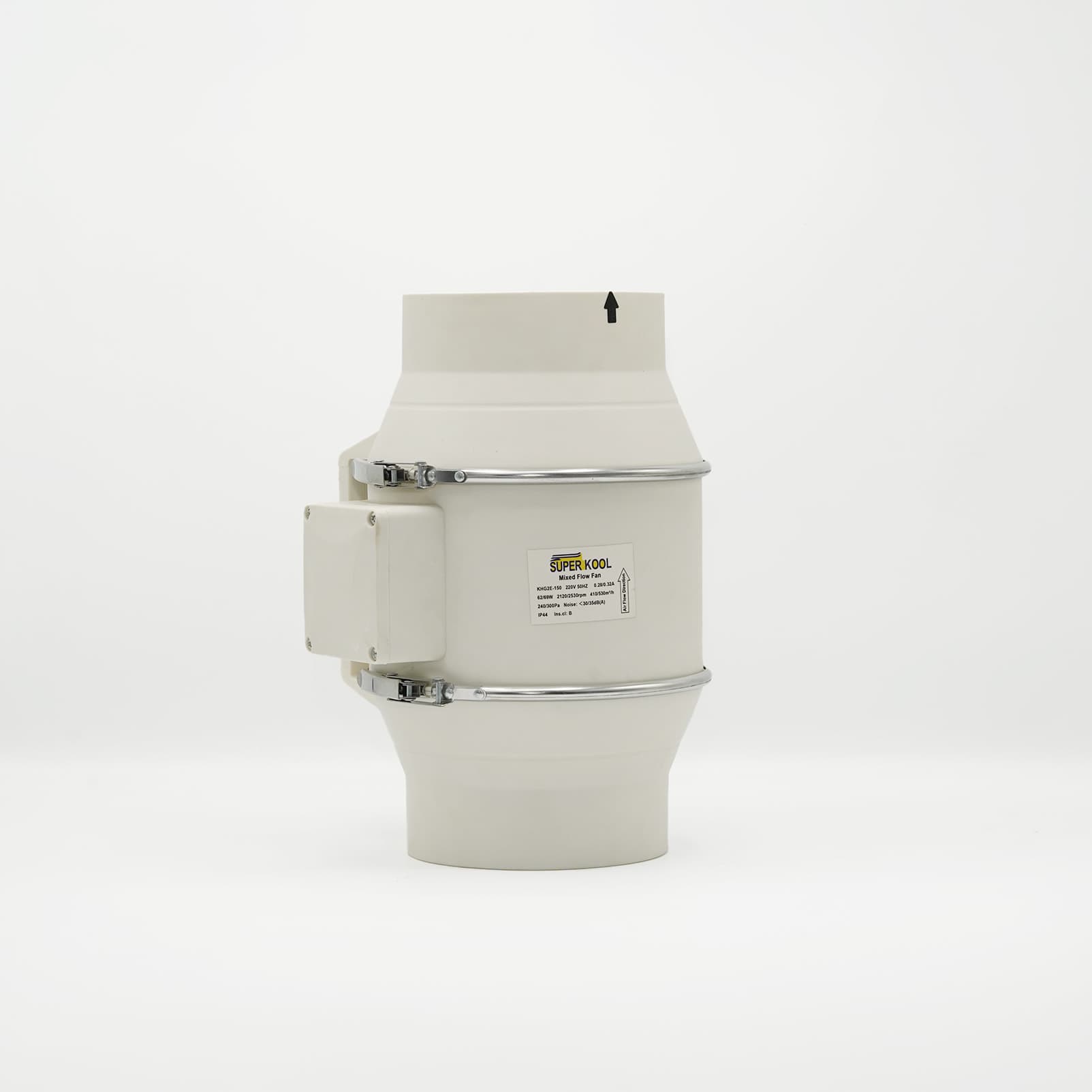 Ventilateur de gaine Super Kool KHQ2E-150, 410–530 m³/h Ventilateur de gaine blanc Super Kool KHQ2E-150 avec étiquette de débit
