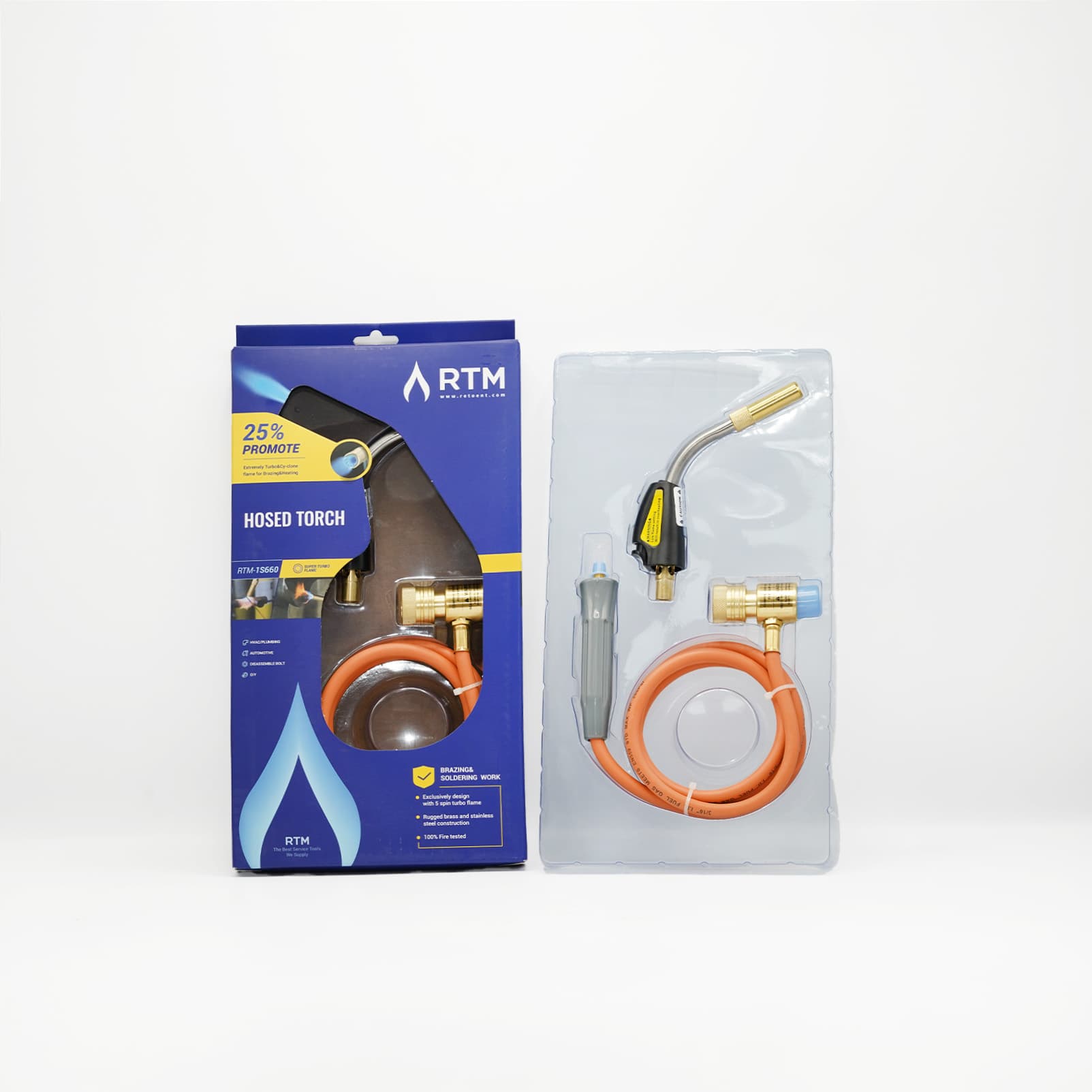 Chalumeau RTM-1S660 à flexible pour brasage frigorifique Chalumeau RTM-1S660 pour brasage avec flexible orange, poignée et emballage RTM