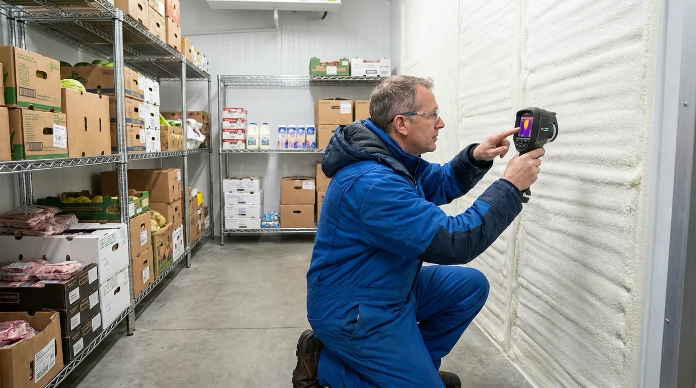 Un technicien inspecte l'isolation d'une chambre froide, soulignant l'importance de l'isolation chambres froides pour la conservation des produits.