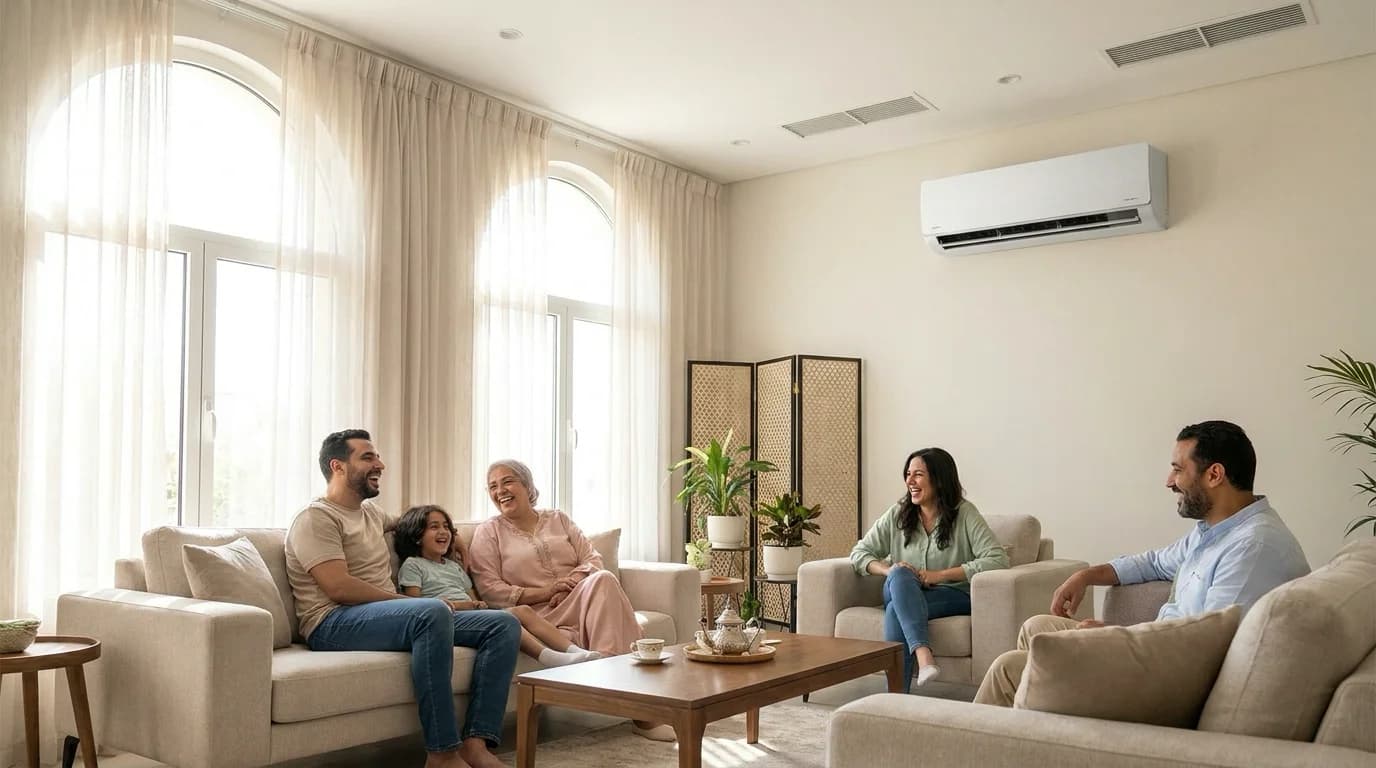 Une famille profitant du confort d'un système CVC efficace dans leur maison au Maroc, montrant l'efficacité énergétique système CVC.