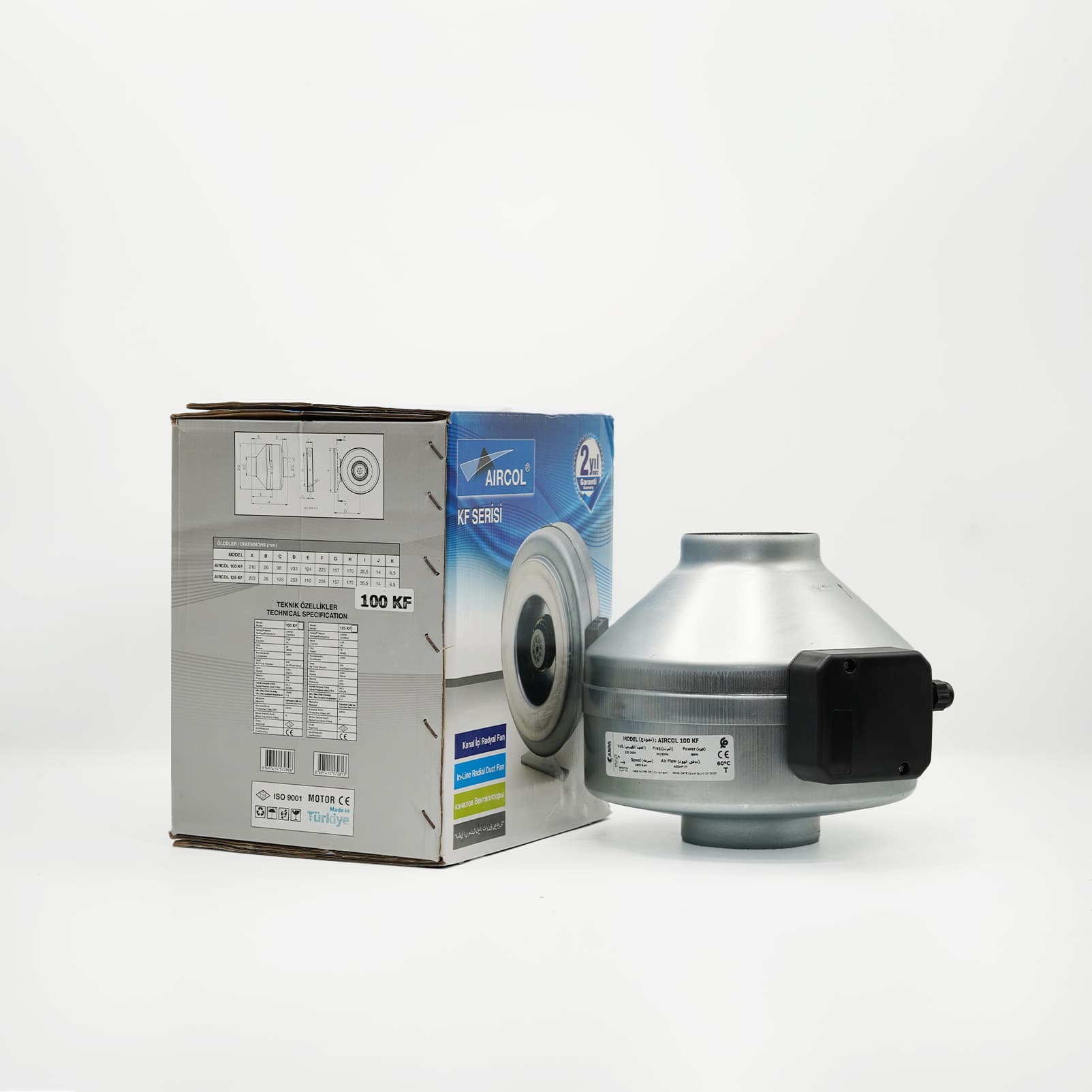 Ventilateur de gaine radial AIRCOL 100 KF en acier galvanisé avec sa boîte
