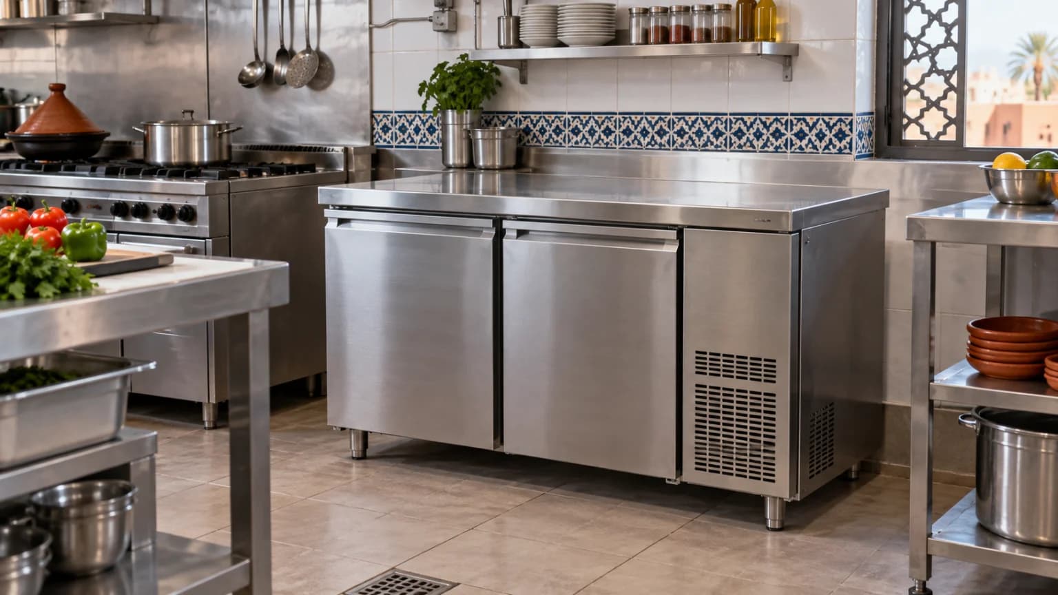 Table réfrigérée professionnelle à deux portes dans une cuisine