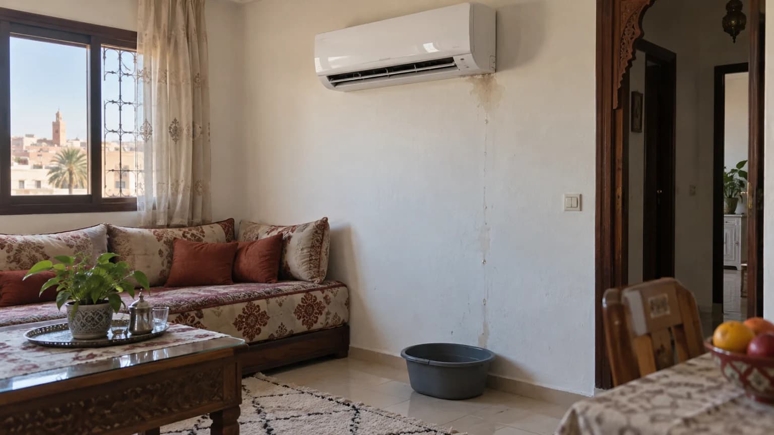 Climatiseur mural avec une trace d’humidité et une bassine au sol