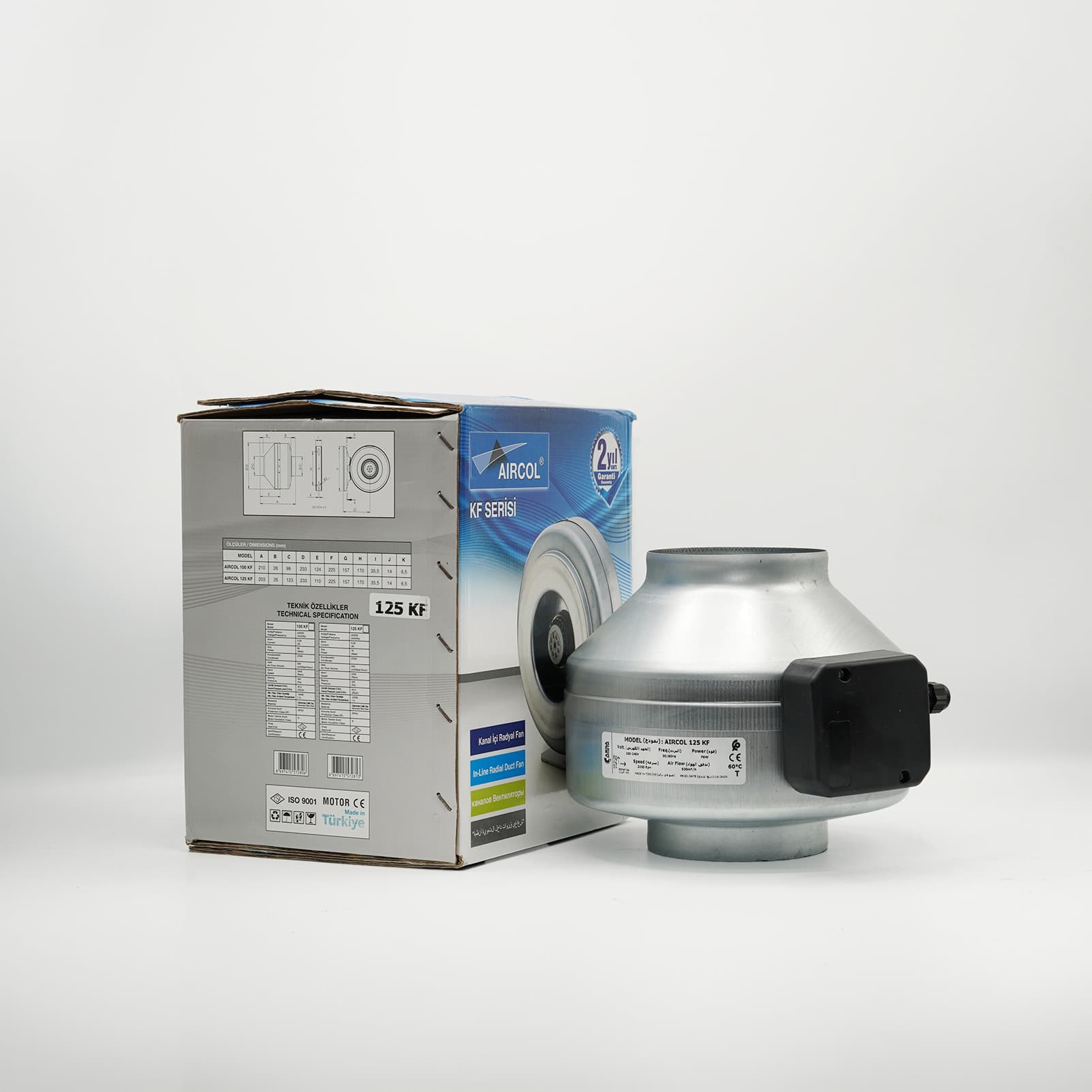Ventilateur de gaine radial AIRCOL 125 KF en acier galvanisé avec sa boîte