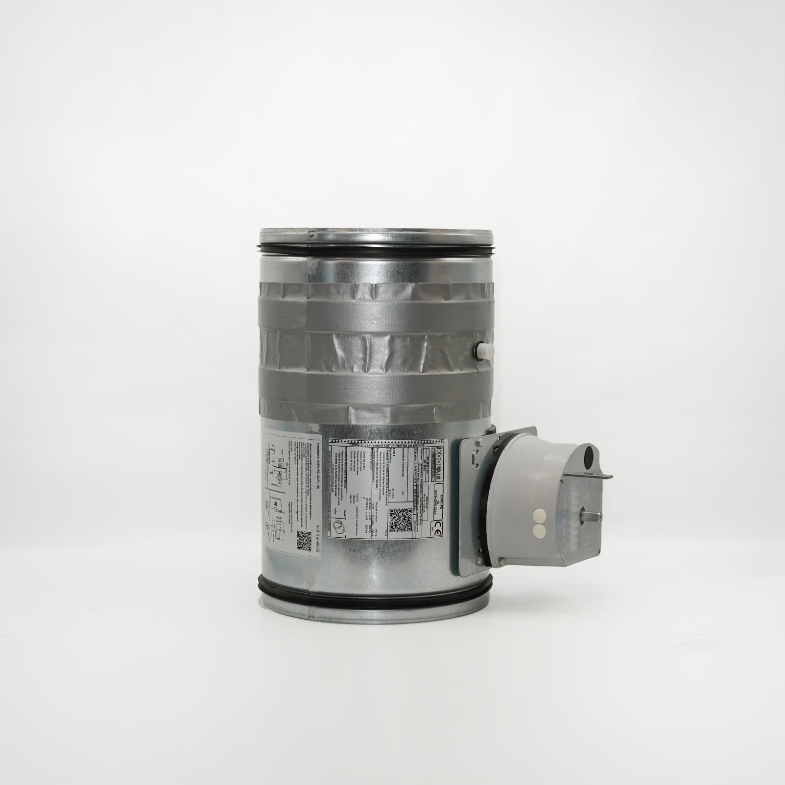 Clapet coupe-feu circulaire KOOLAIR SCFC-PD à déclenchement thermique Clapet coupe-feu circulaire KOOLAIR avec mécanisme latéral et plaque signalétique visible