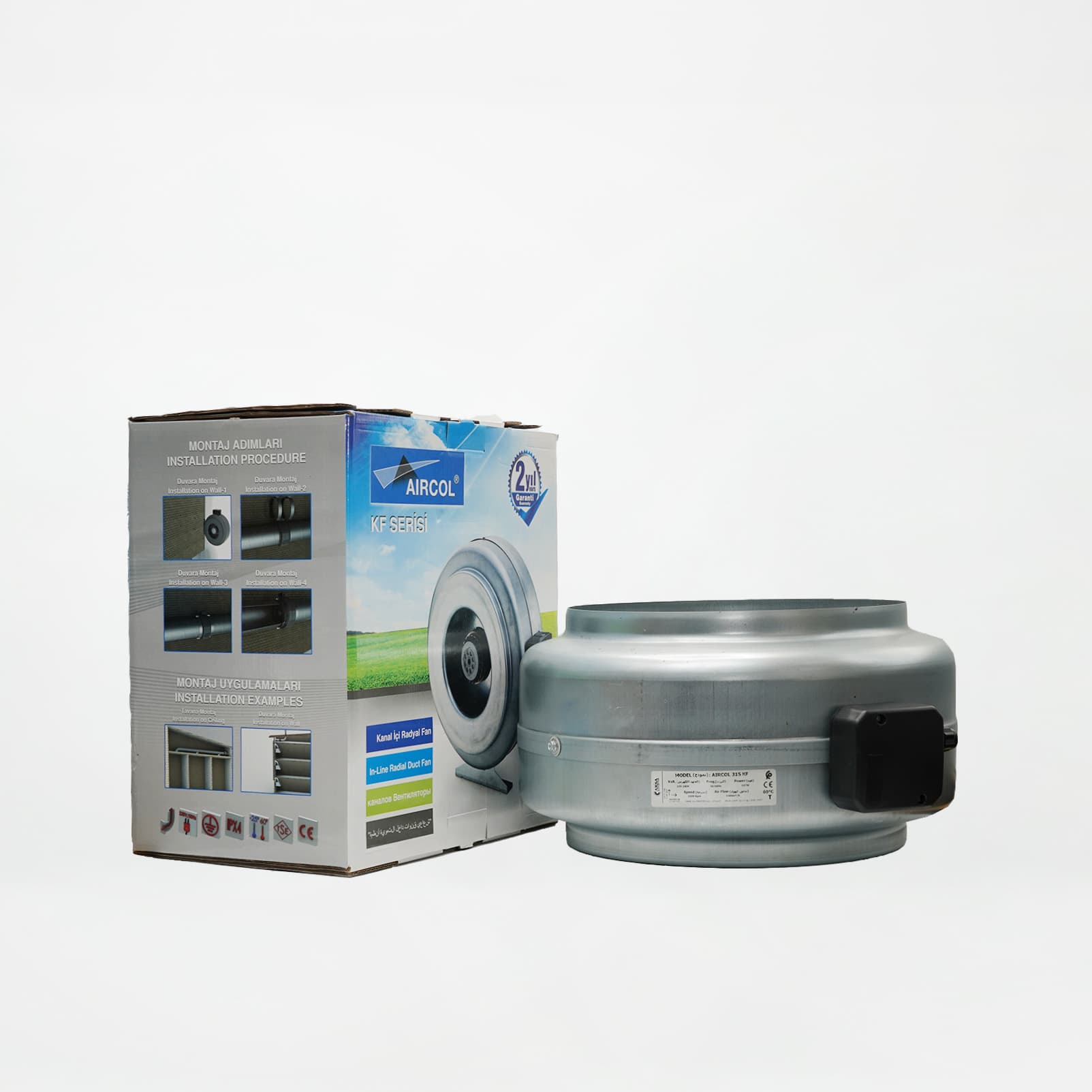 Ventilateur de gaine radial AIRCOL 315 KF en acier galvanisé avec sa boîte
