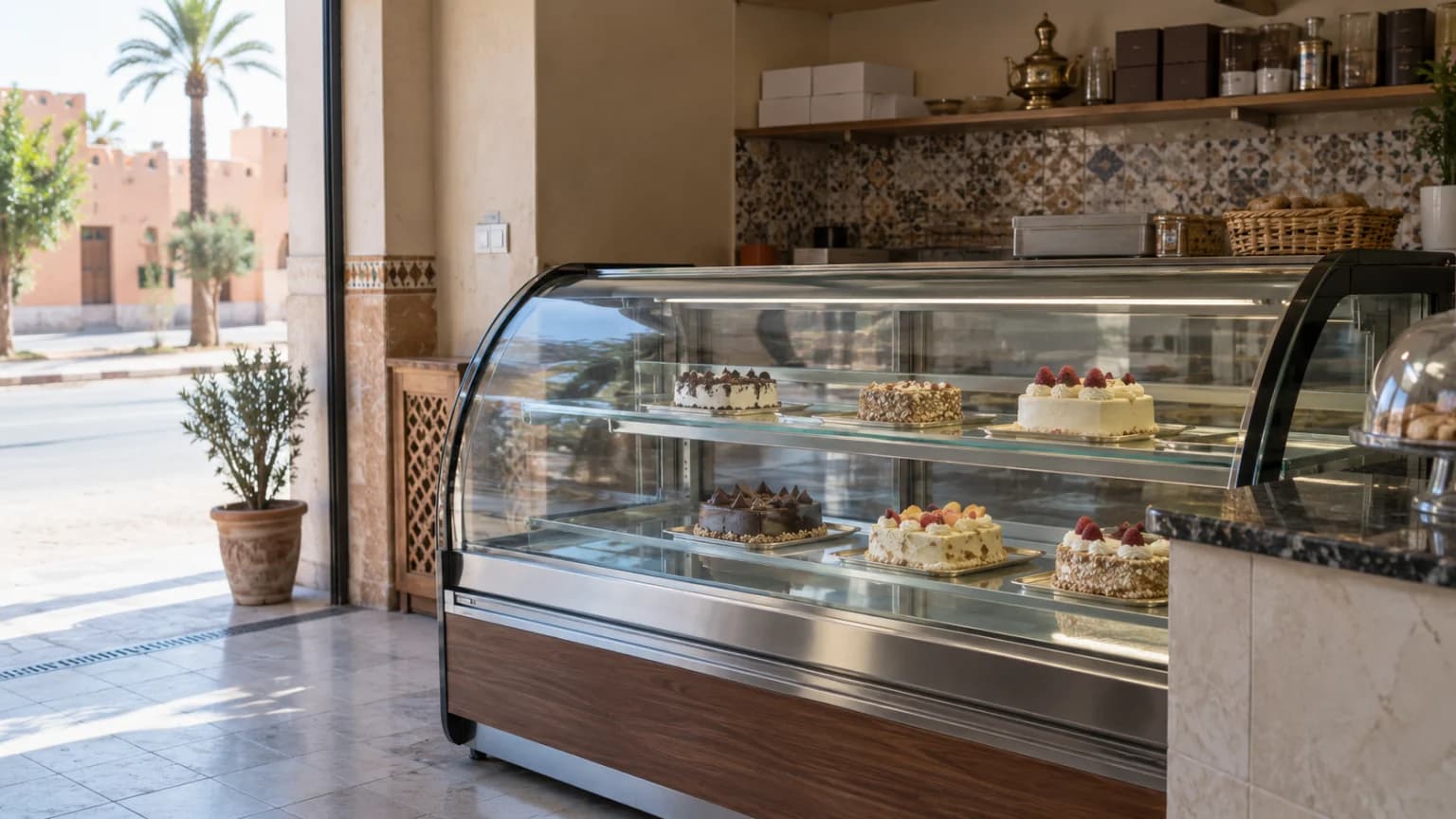 Vitrine réfrigérée avec gâteaux dans une pâtisserie